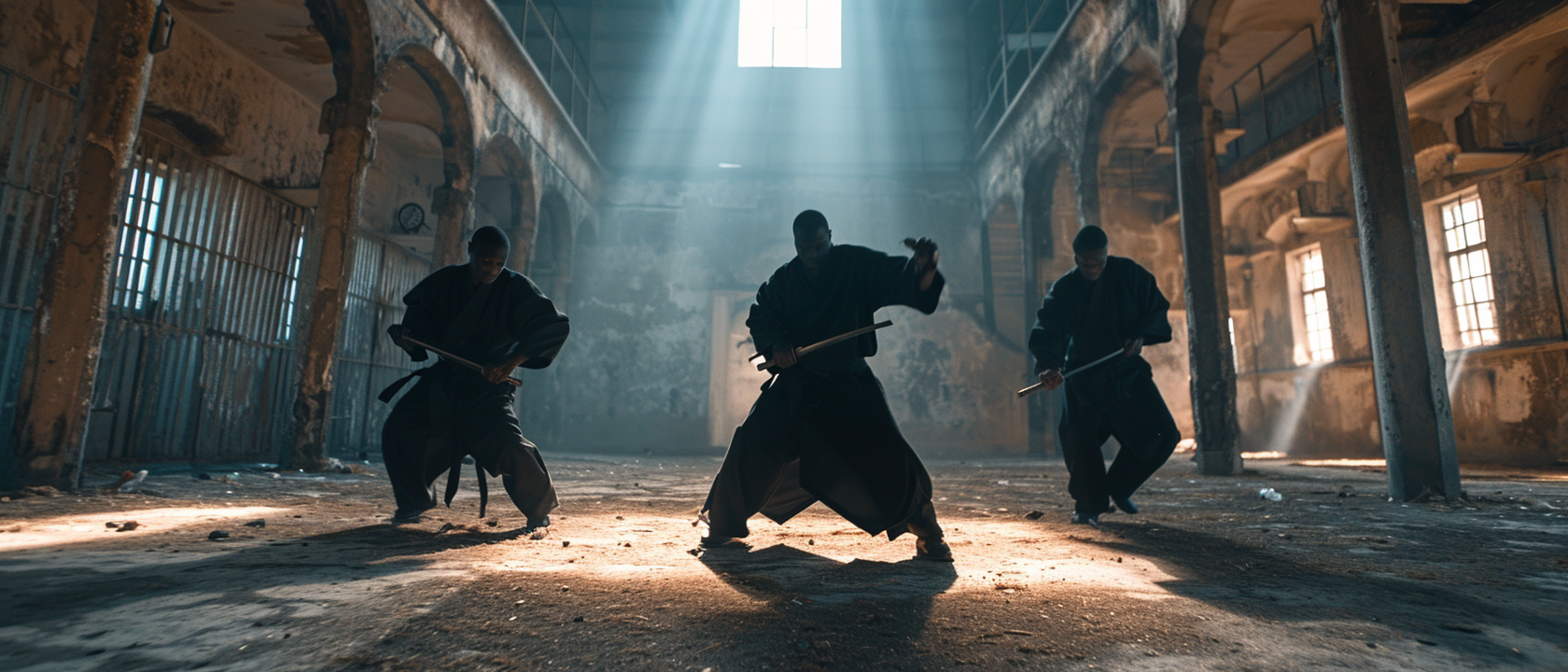 Three black knife fighters in dynamic action