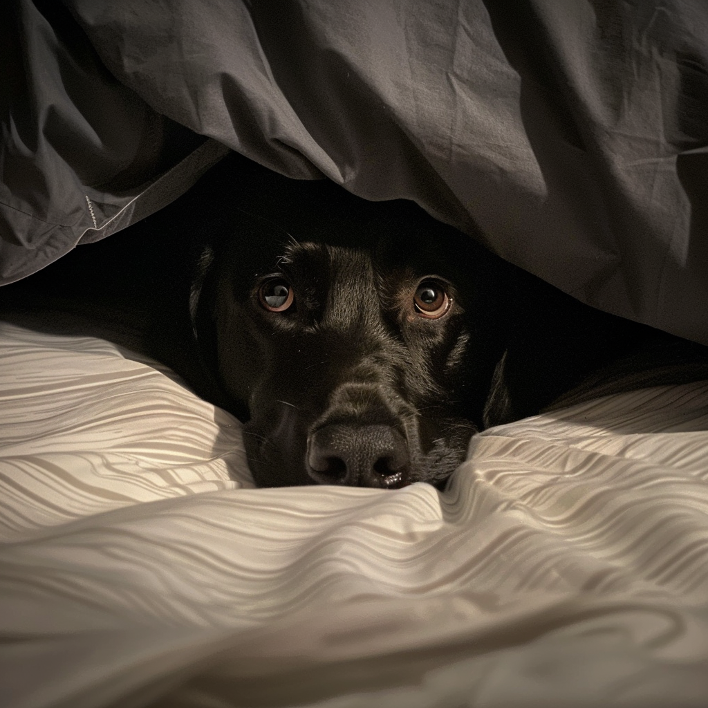 Cute black labrador under bed