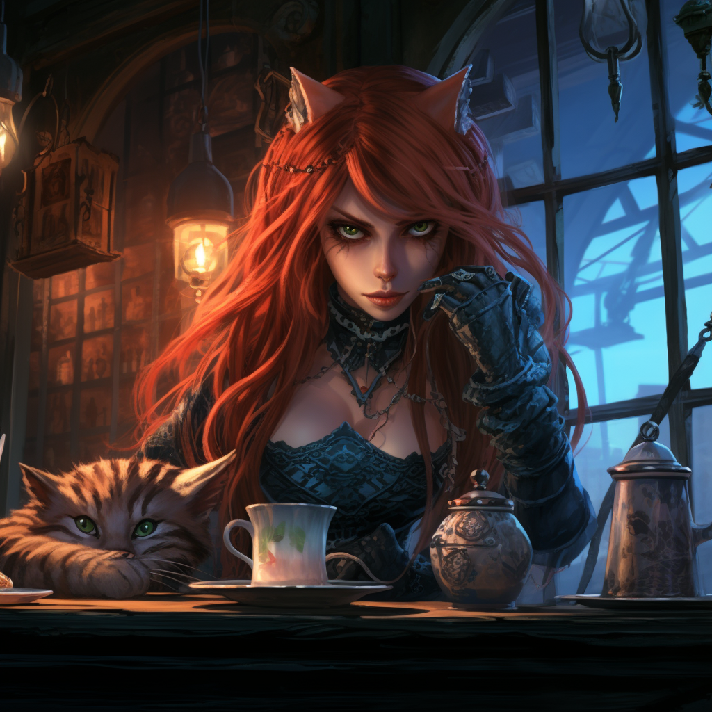 Elven Woman with Cheshire Cat Drinking Tea