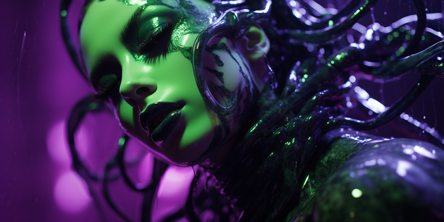 Vibrant black latex with demonic green and purple reflections