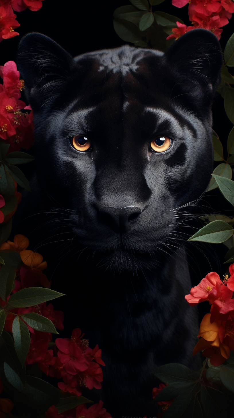 Beautiful black leopard with floral background