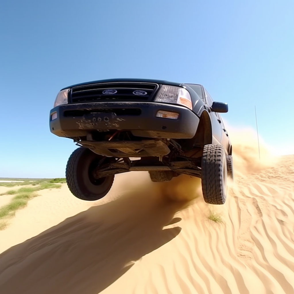 Black Ford Ranger Jumping Dune in Desert