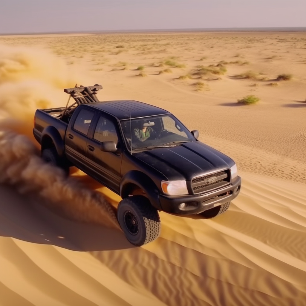 Black lifted Ford Ranger jumping dune in desert