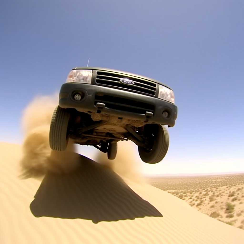 Black Ford Ranger jumping dune in desert