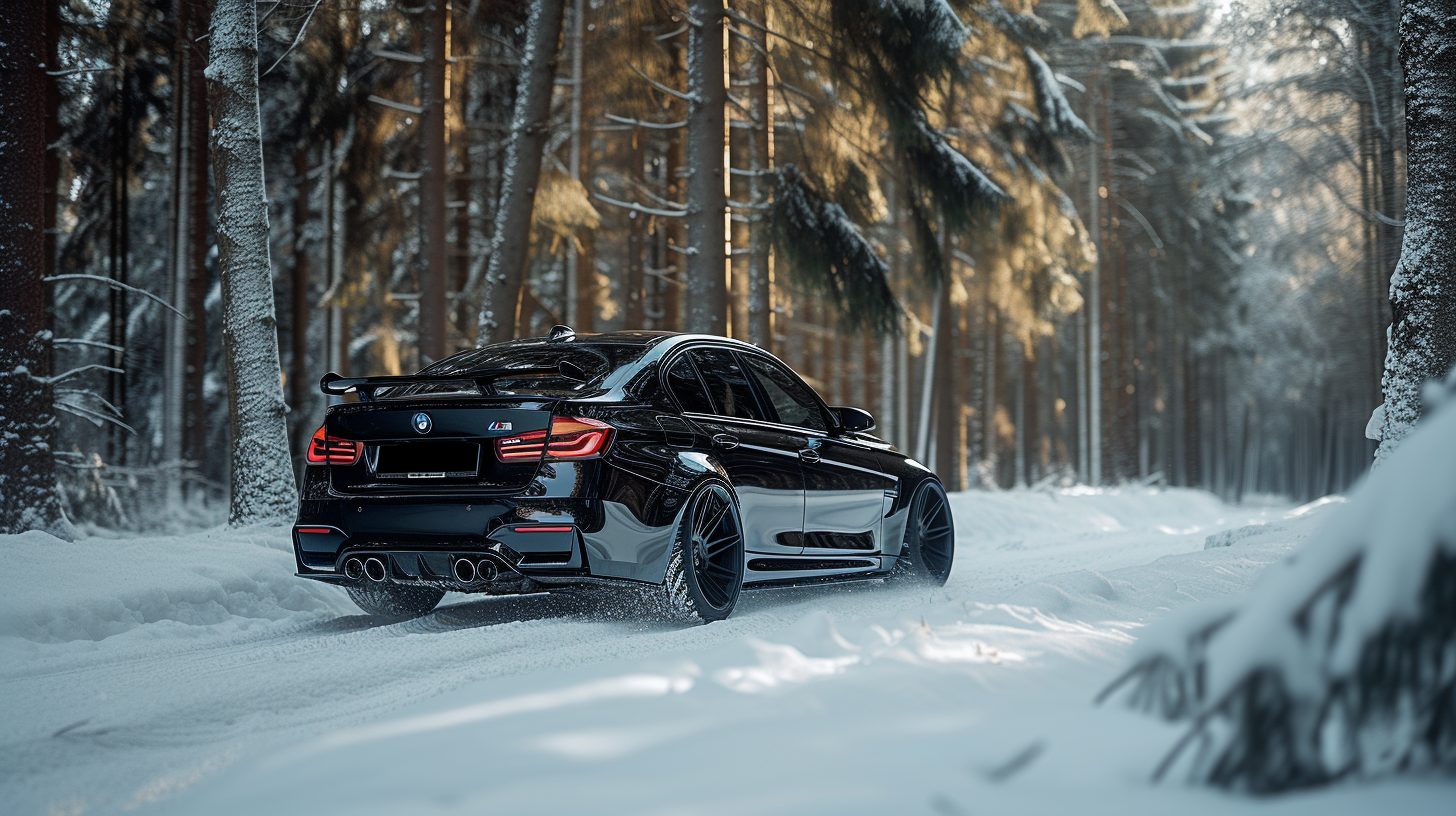 Black lowered BMW M3 sedan in snowy forest