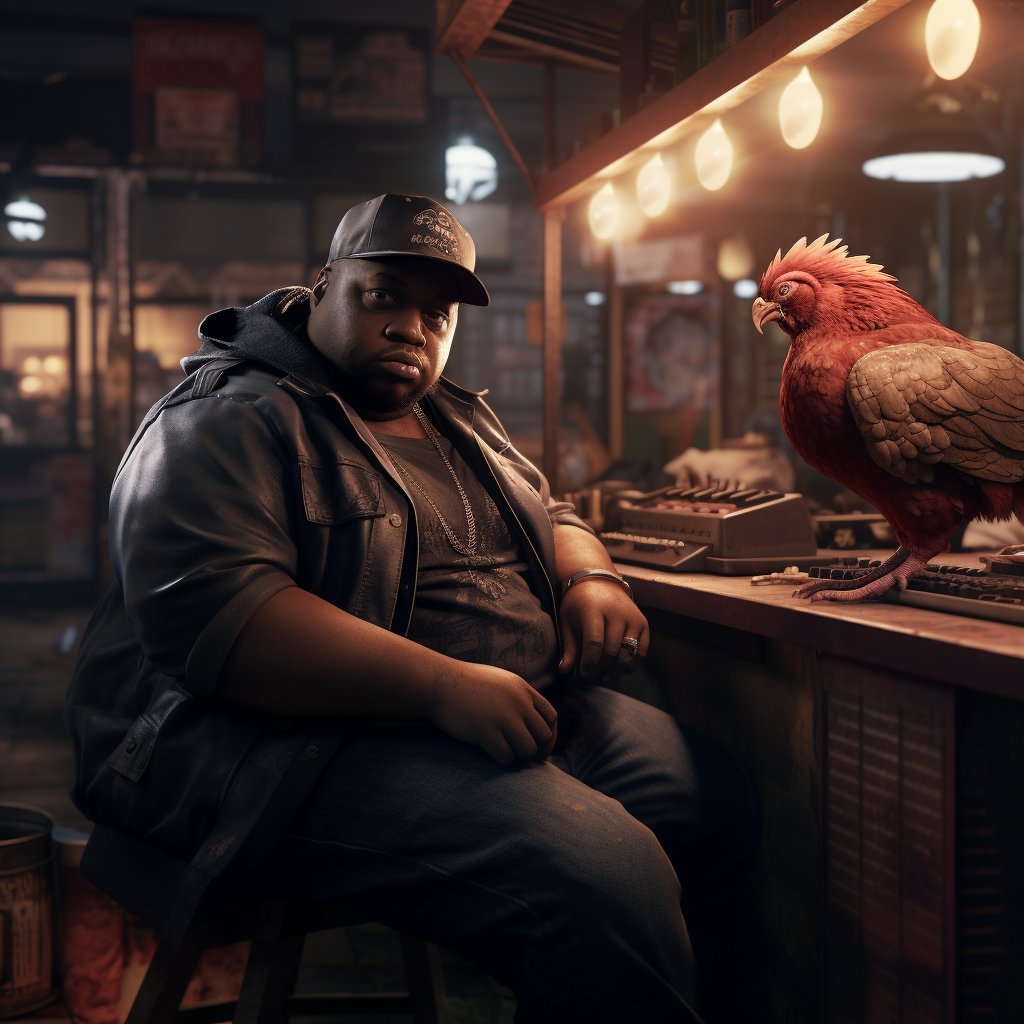 Image of a fat black man eating chicken