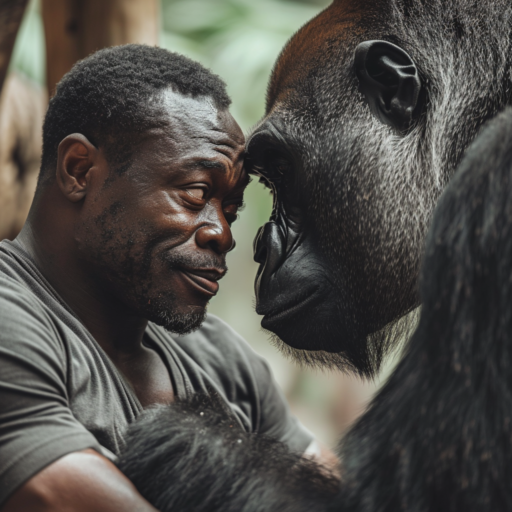 Black man standing next to a gorilla