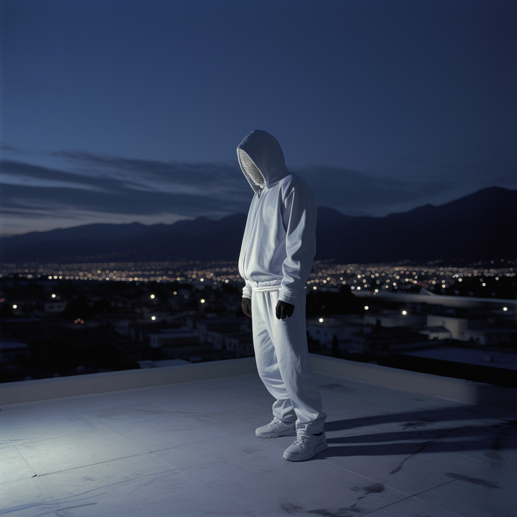 Black man in Japanese warrior mask on rooftop