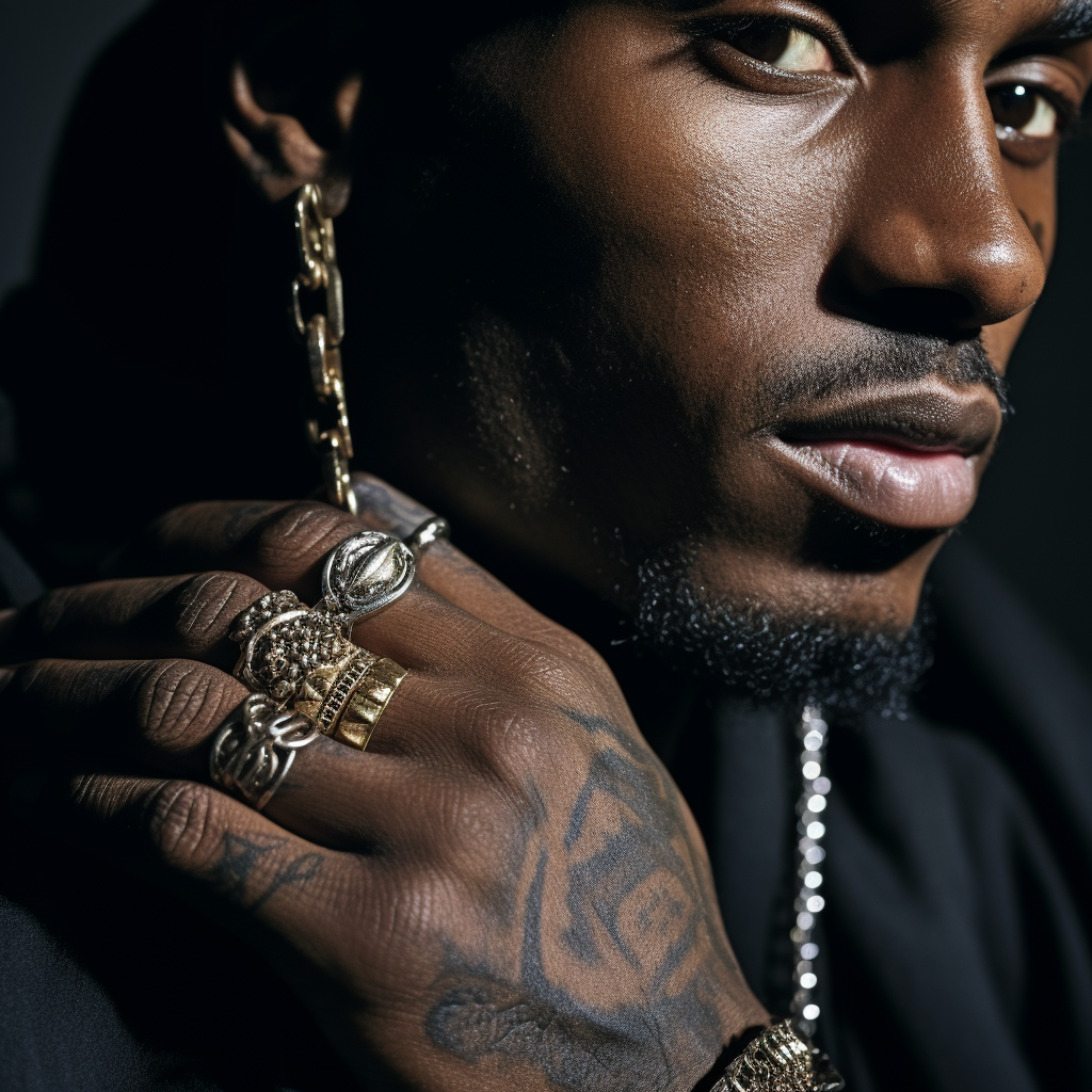 Close-up of black man wearing jewelry