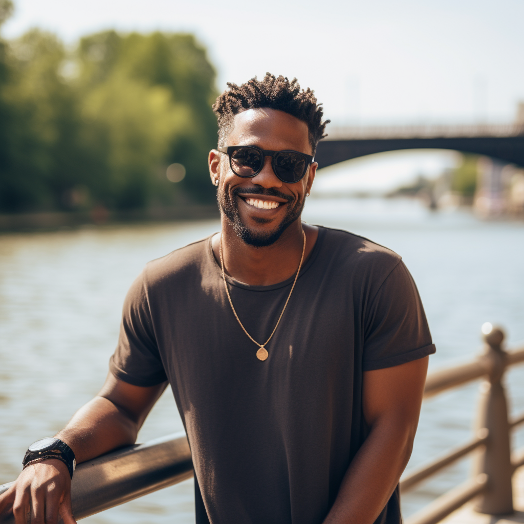 Black man smiling by river rail