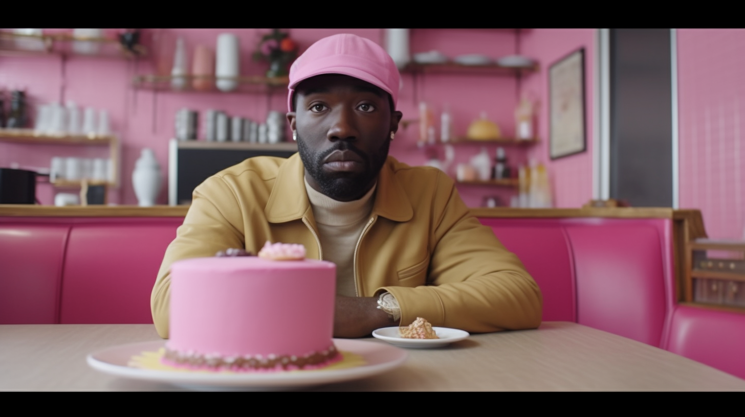 Black man with pink cake at suburban restaurant