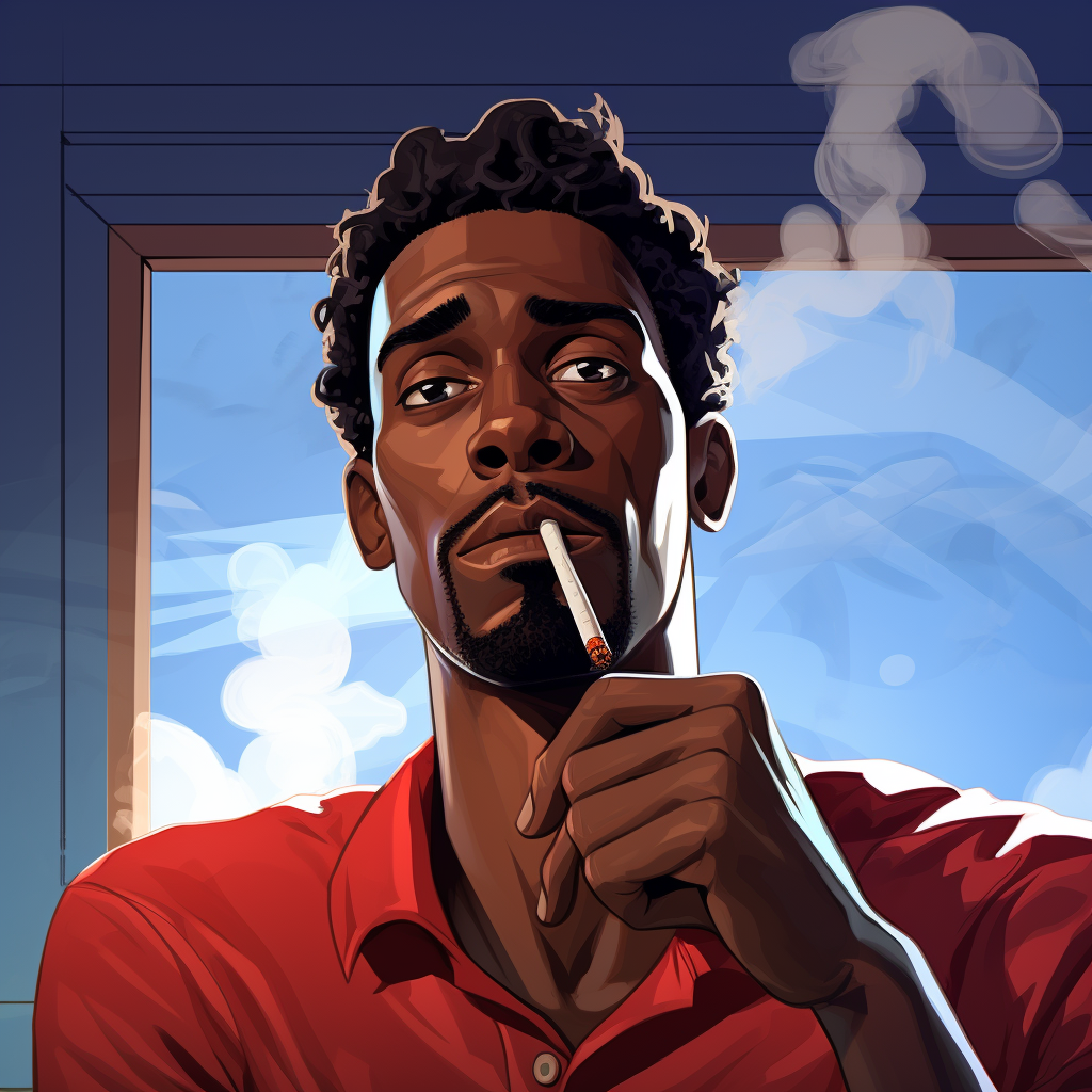 Black man smoking blunt pondering love cartoon