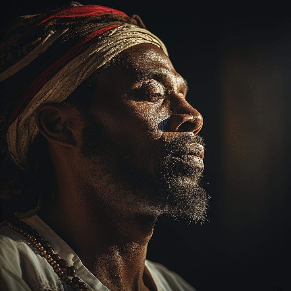 Detailed portrait of a black man with closed eyes