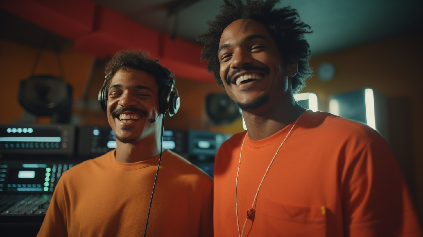 Smiling Black Man and Friend in Red Shirt