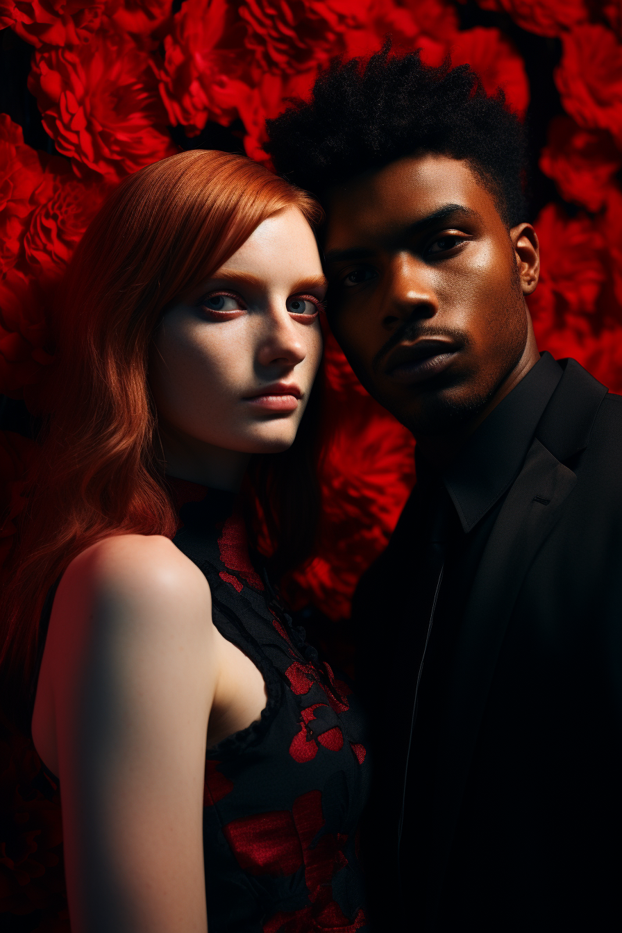 Black man and redhead woman with flowers