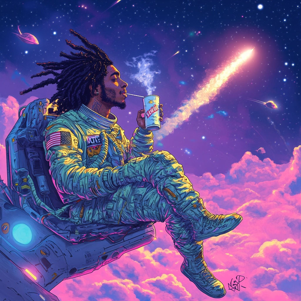 Black Man in Spacesuit Sipping Drink