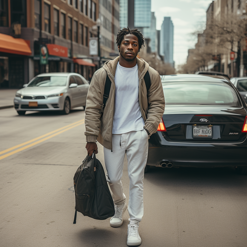 Black man stepping out of car in Chicago