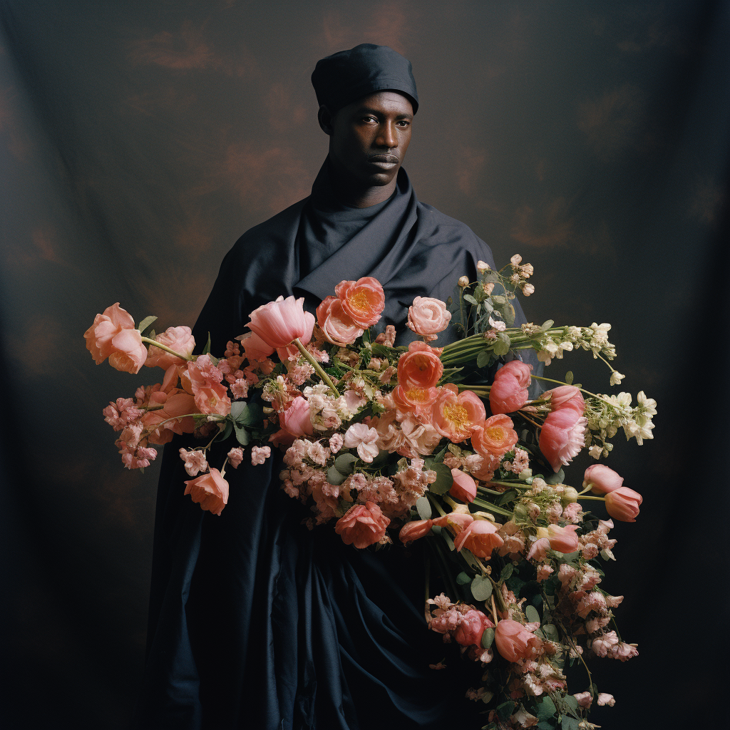 Black man in agbada with flowers