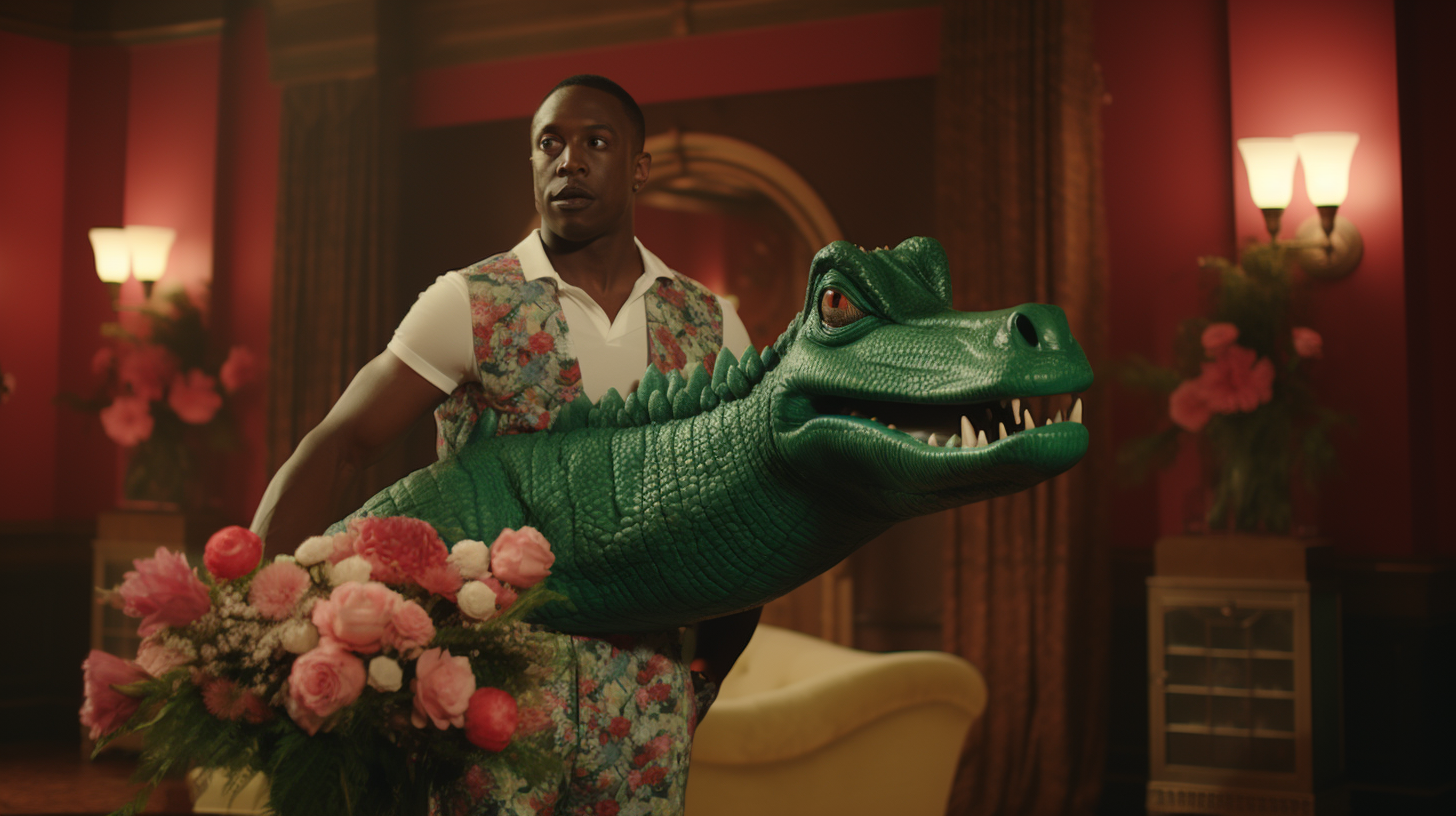 Stylish black man with alligator float in red room