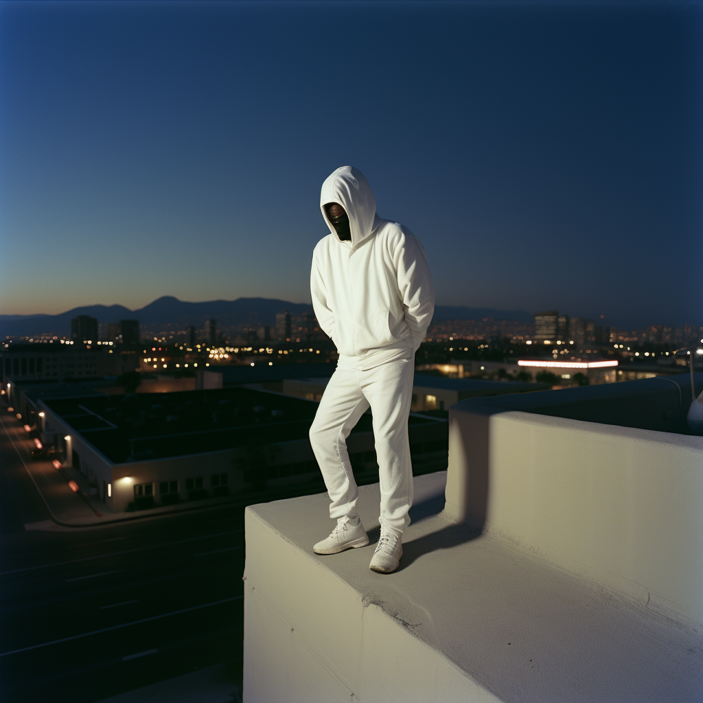 Black man in white hoodie with mask and hood