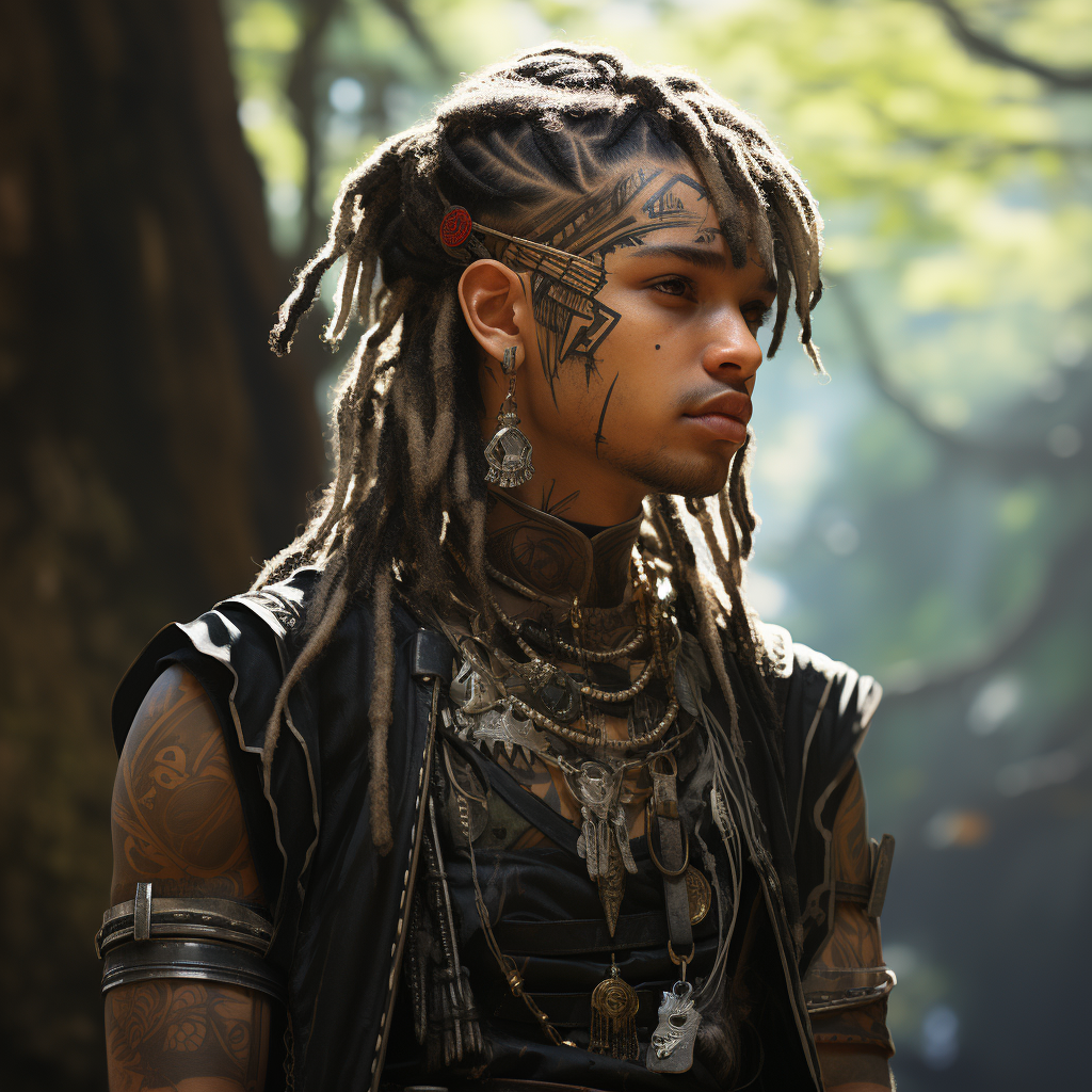 Confident black man with undercut dreads in forest