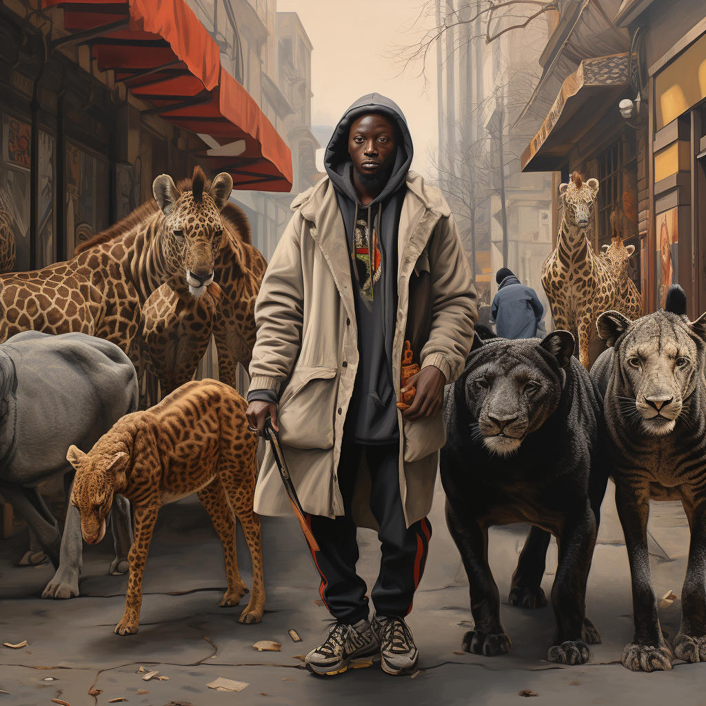 Black man walking in street with wild animals