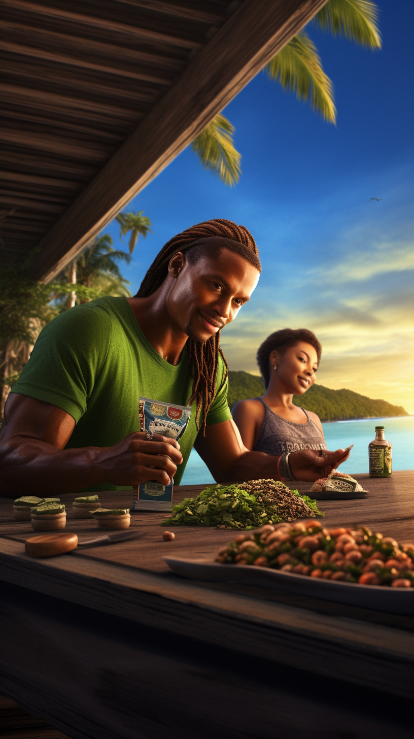 Black man and woman at table with natural supplements on tropical beach