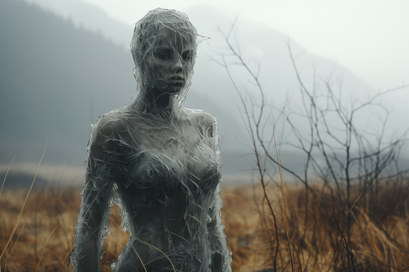 Black mannequin on snowy mountain grass