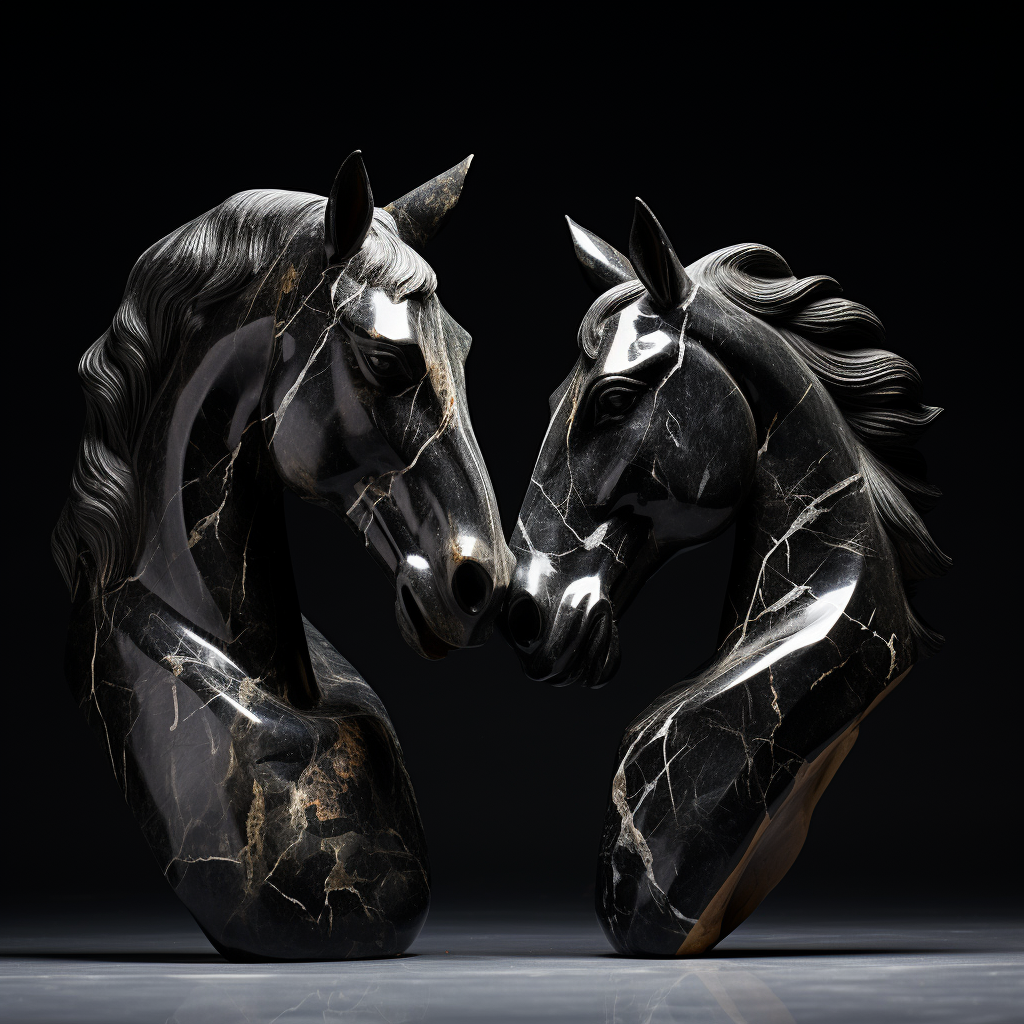 Two black marble horse heads