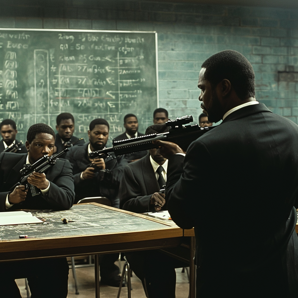 Black men learning tactical strategy with automatic rifles