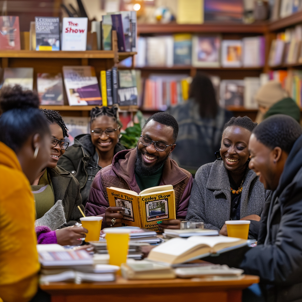 Smiling black men and women reading books