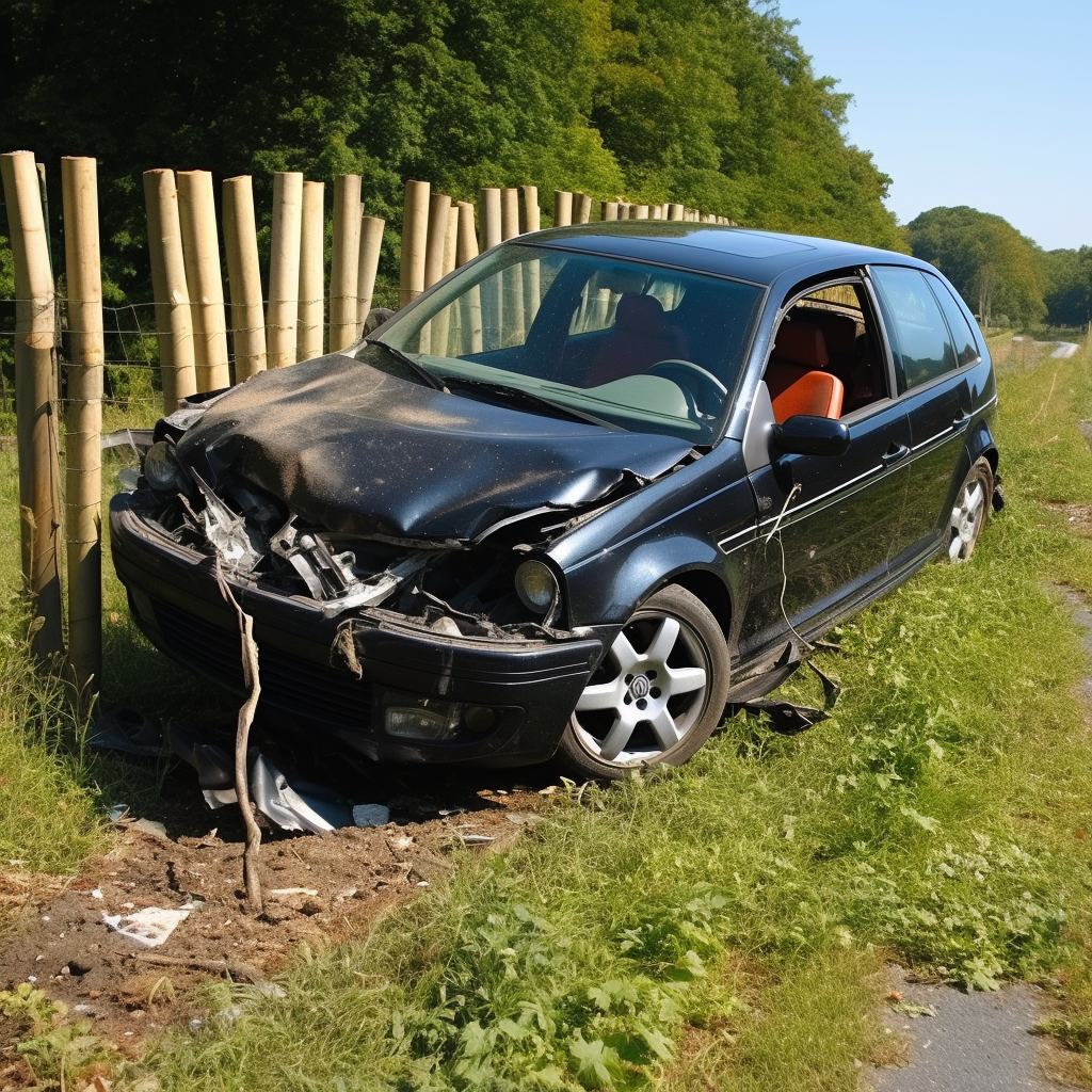 Black VW Golf 2006 crashed in roadfence