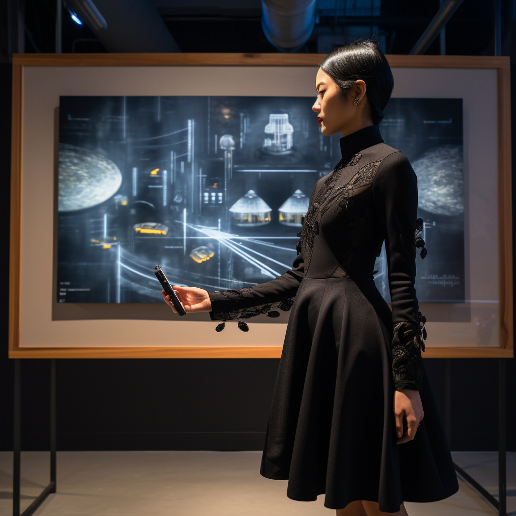 East Asian female in black midi dress looking at industry design model