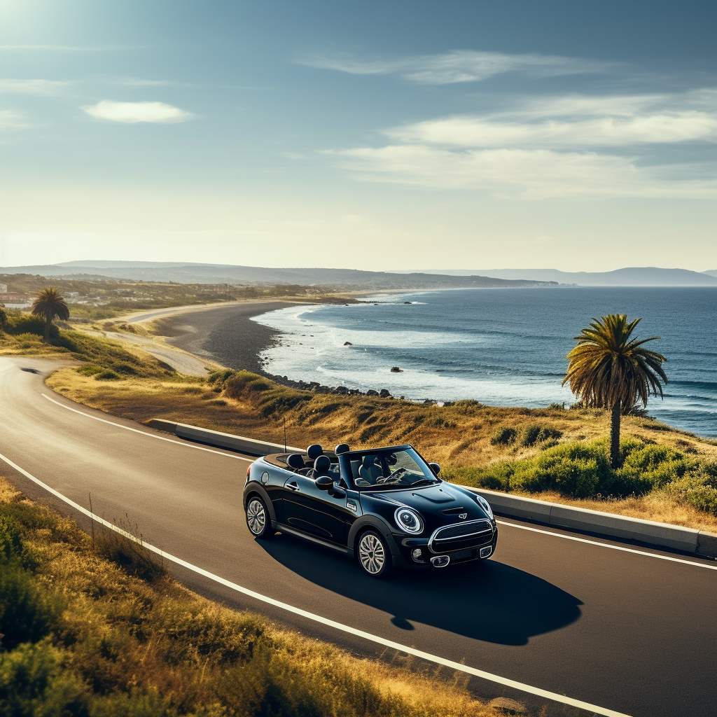 Black Mini Cooper S Convertible Driving on Coast