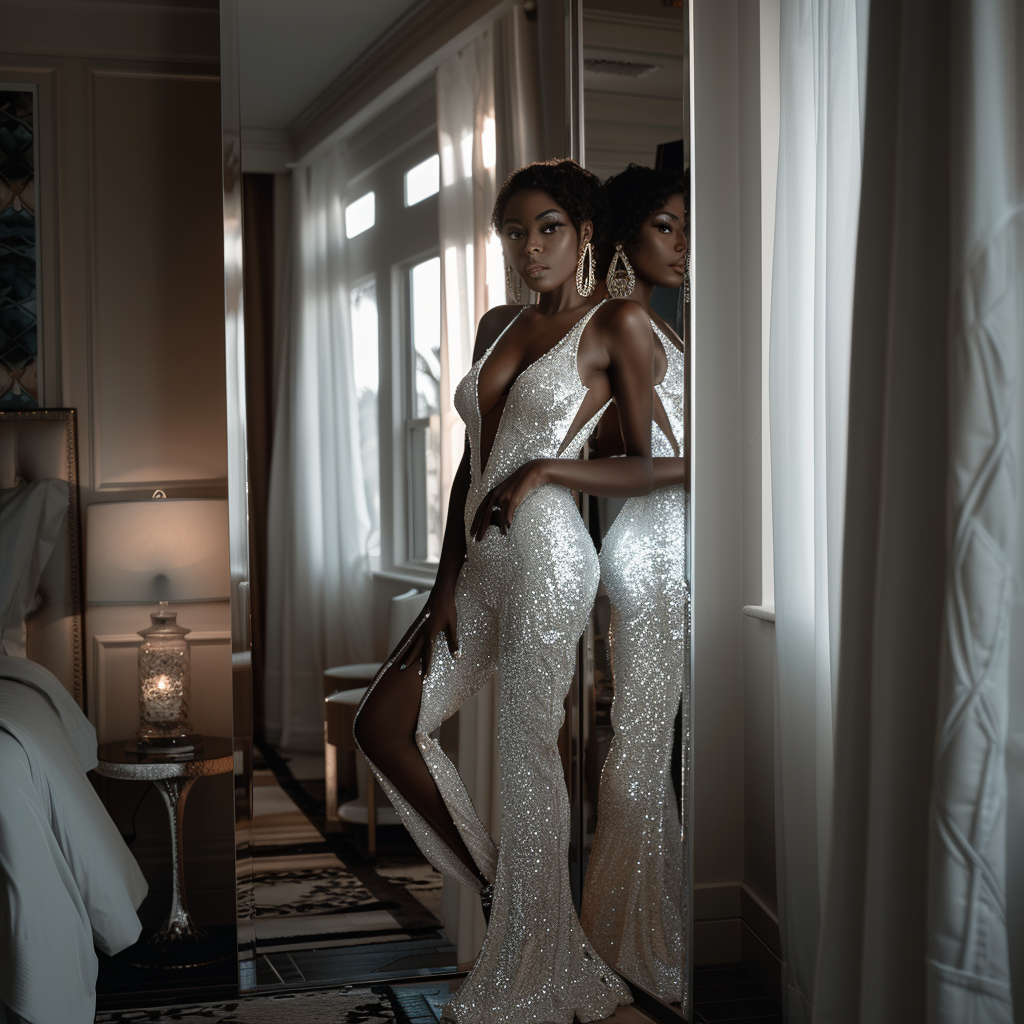 Black model in white wedding dress