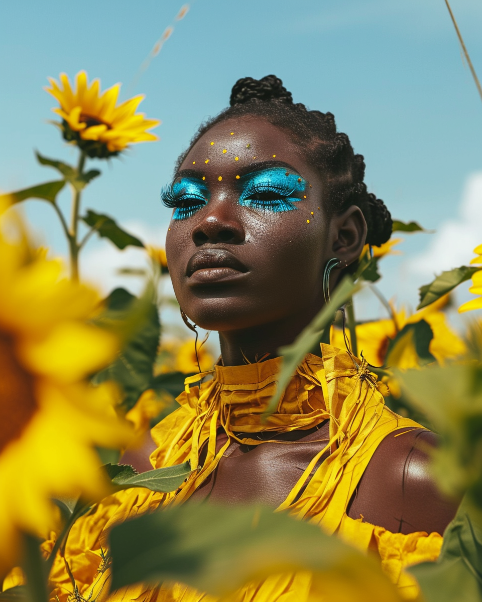 Beautiful black model wearing yellow clothes and striking makeup