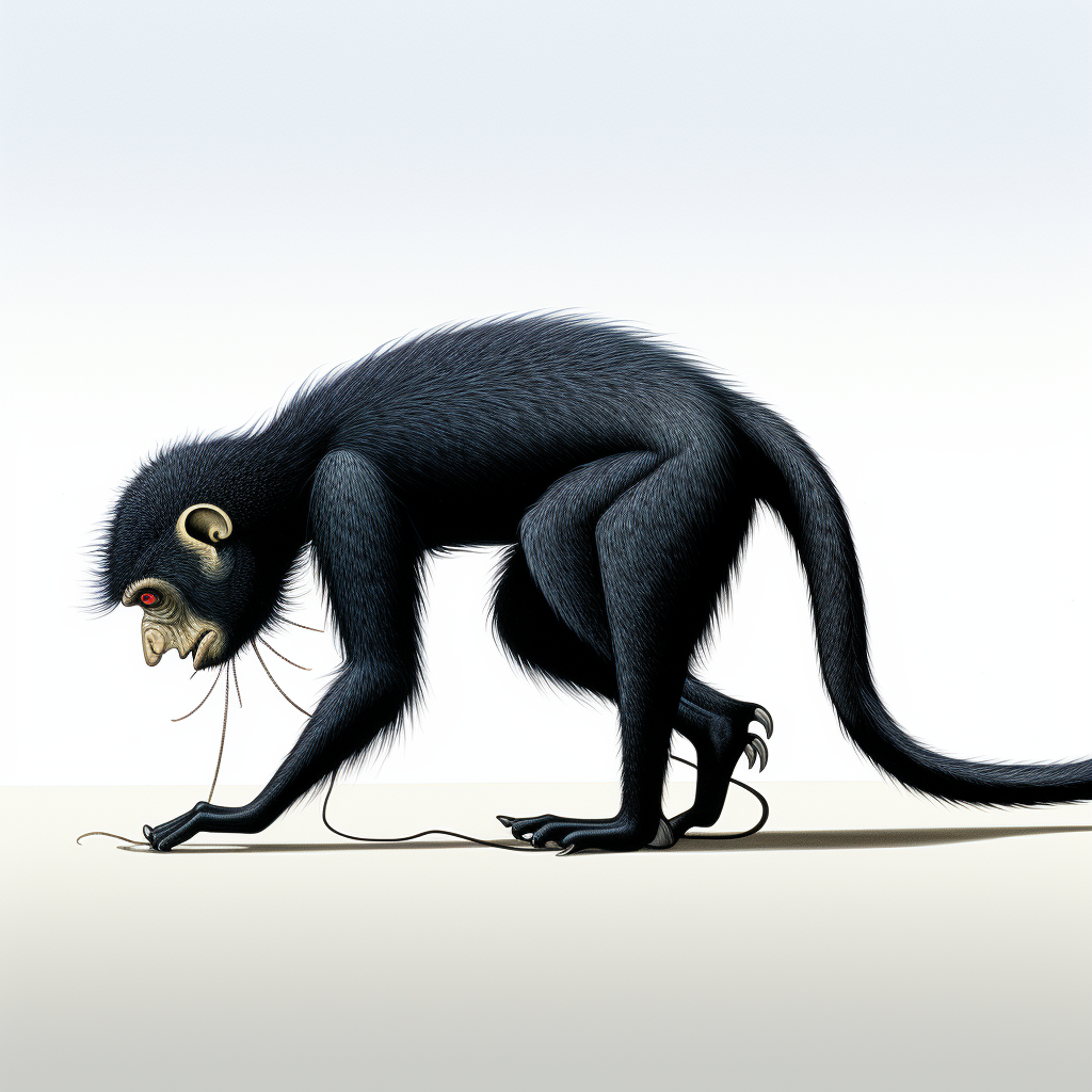 Side view of a black monkey walking on all fours