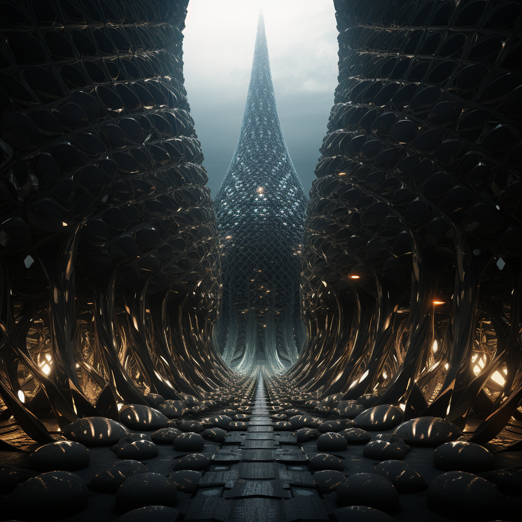 Black Monolith Spires Inside Honeycomb Dome