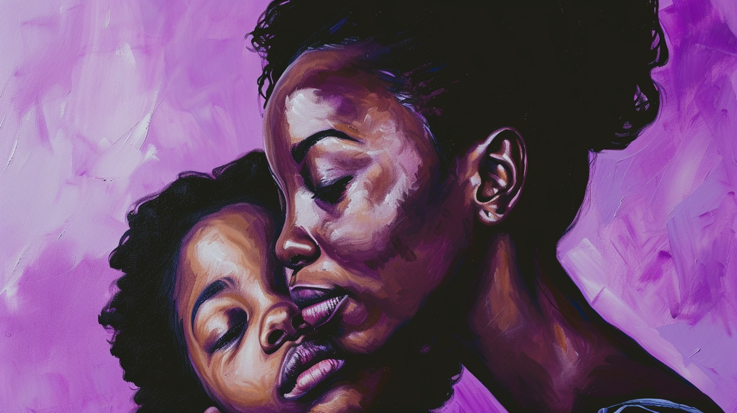 Black mother and daughter on purple background