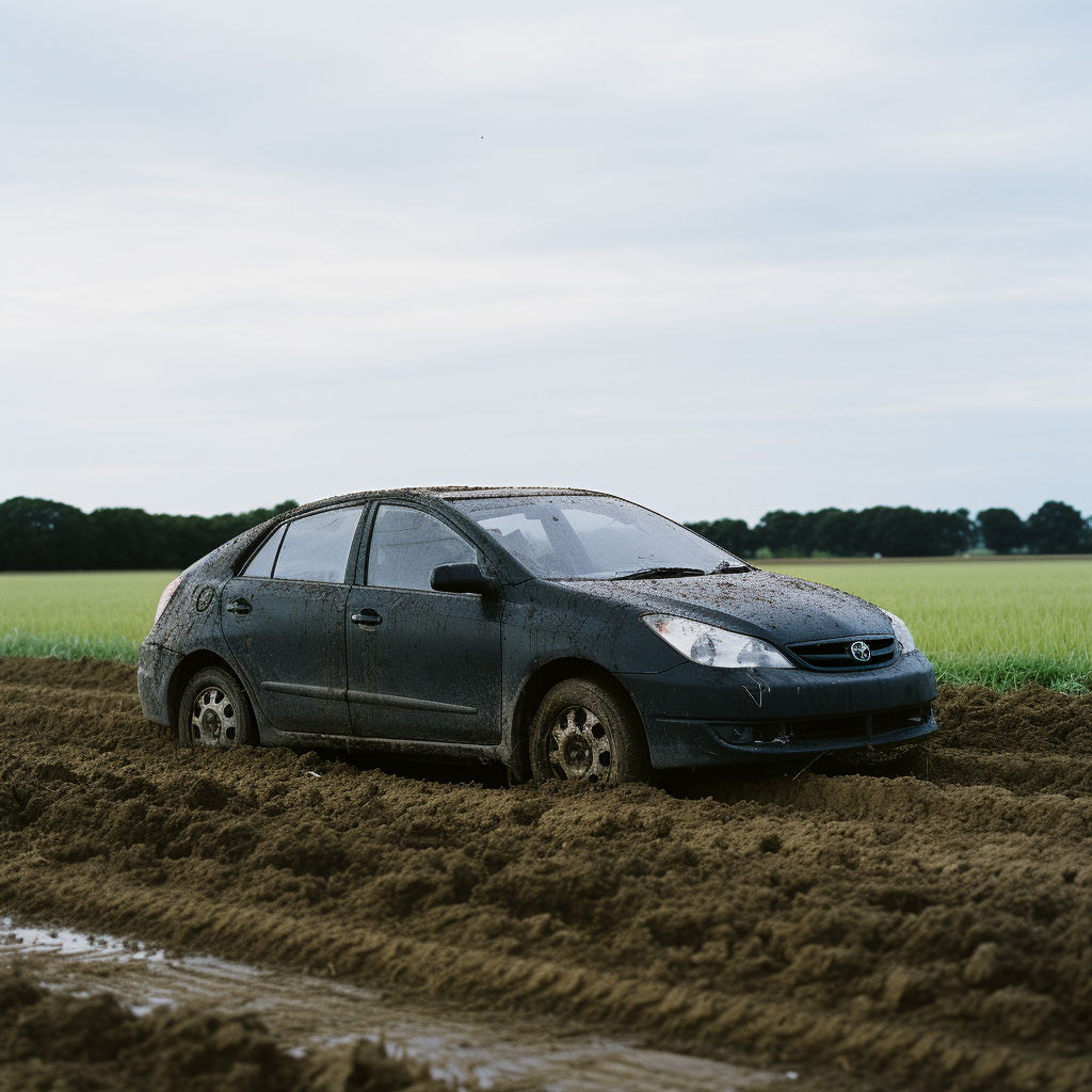 Black muddy Toyota Prius stuck in wet field