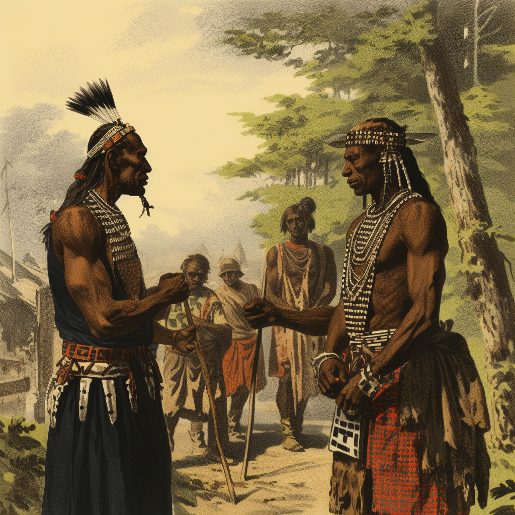 Black Native Americans talking to Black Europeans