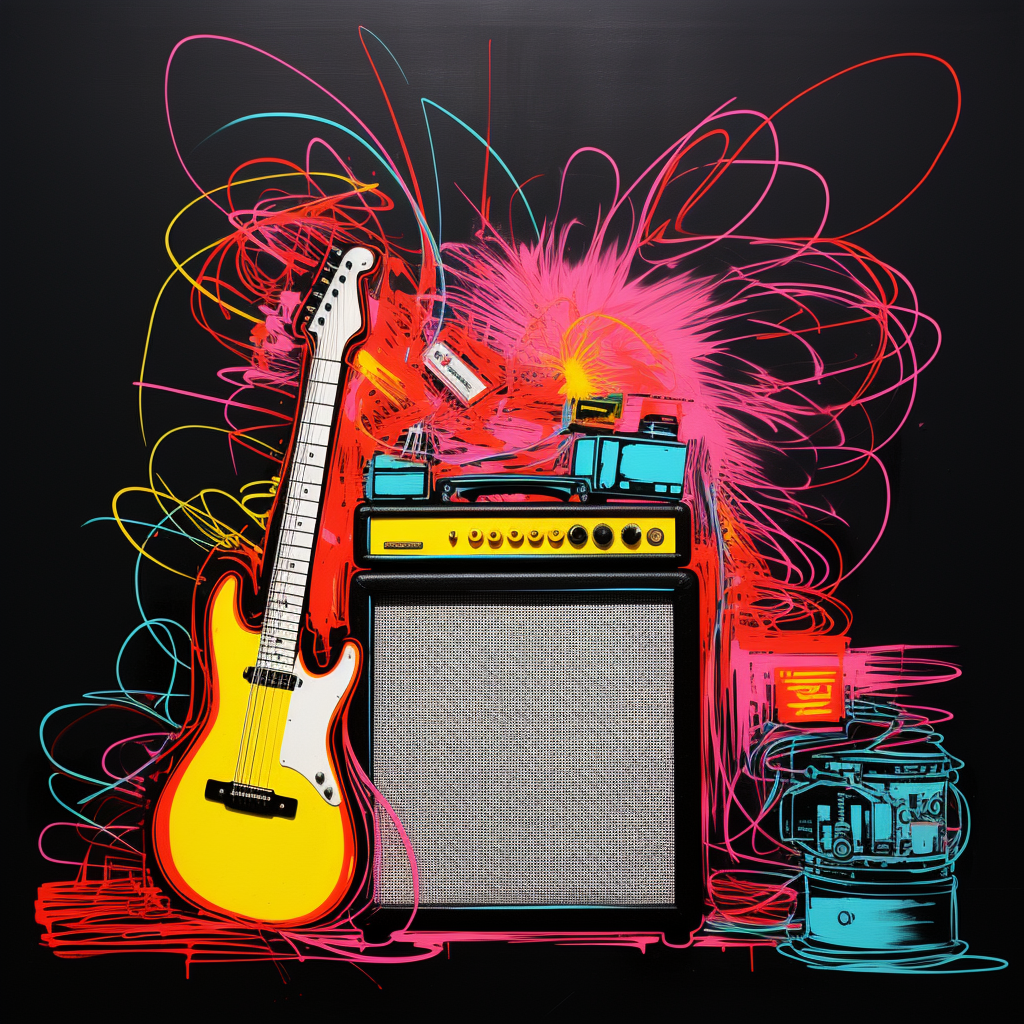 Colorful line drawing of 1960s sound speaker and rock guitar