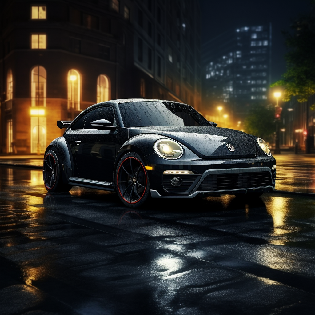 Black night beetle car on wet asphalt