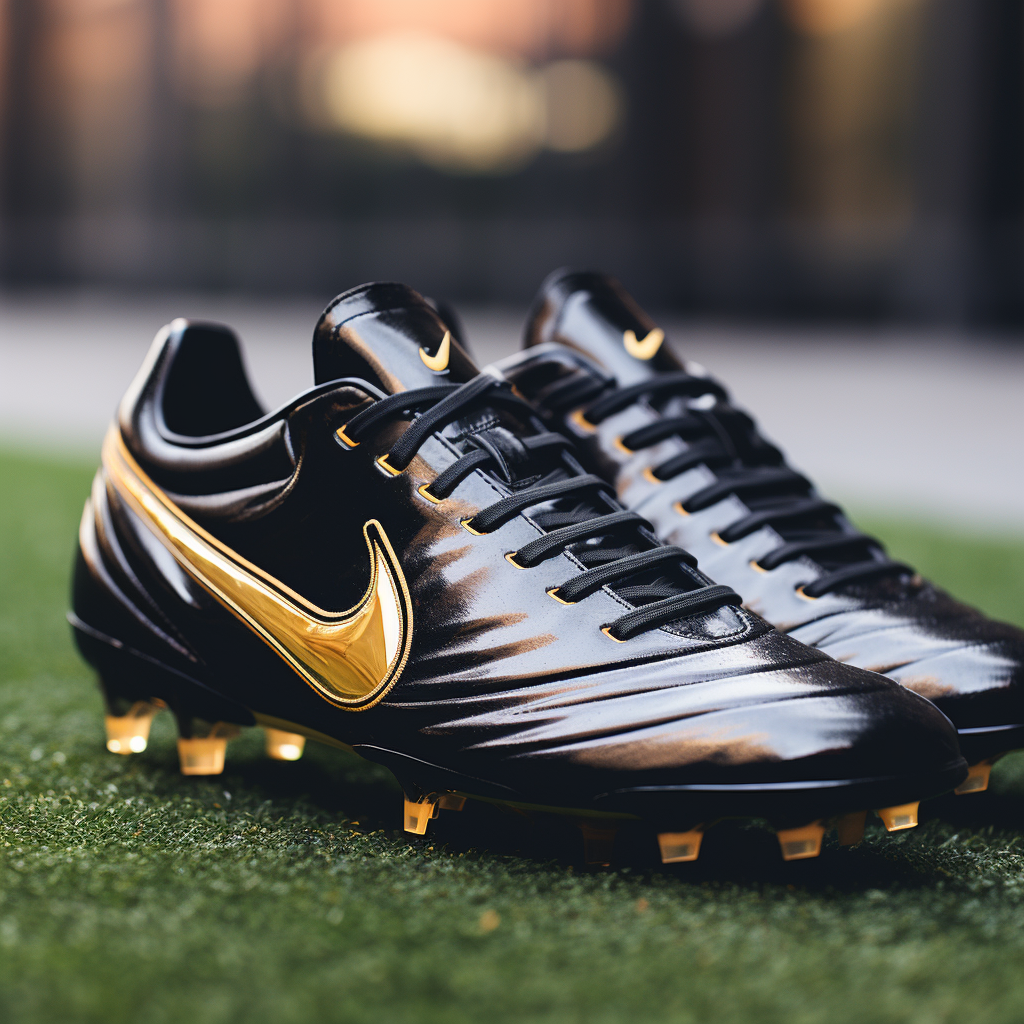 Stylish black Nike soccer boots with golden stripes