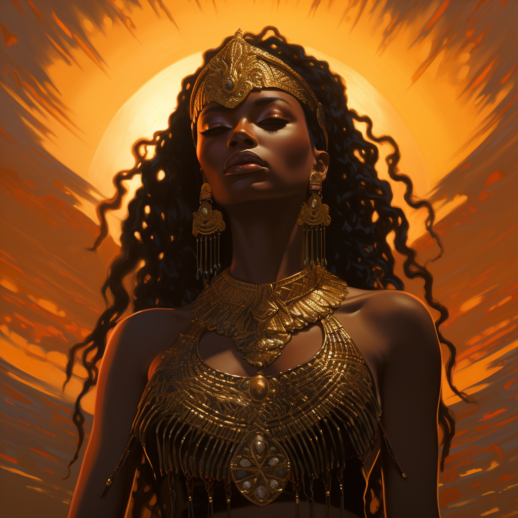 Black Nubian Goddess in Golden Sunset Cloth