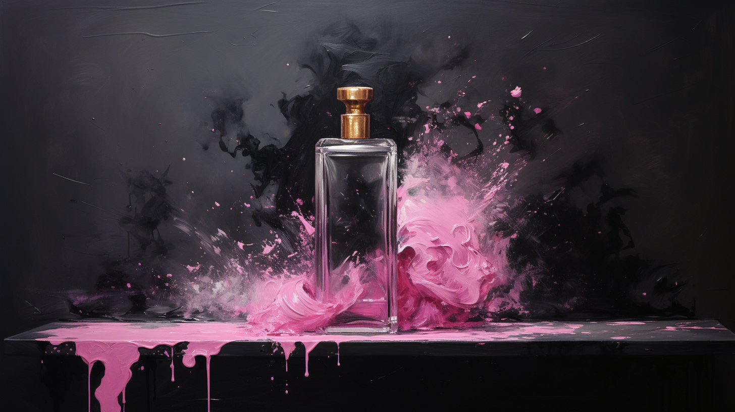 Black painting with pink paint splash and perfume