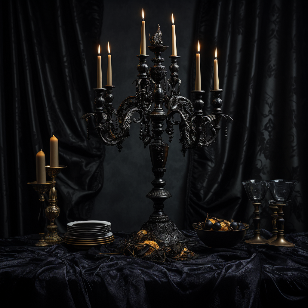 Elegant candelabra on black paisley tablecloth