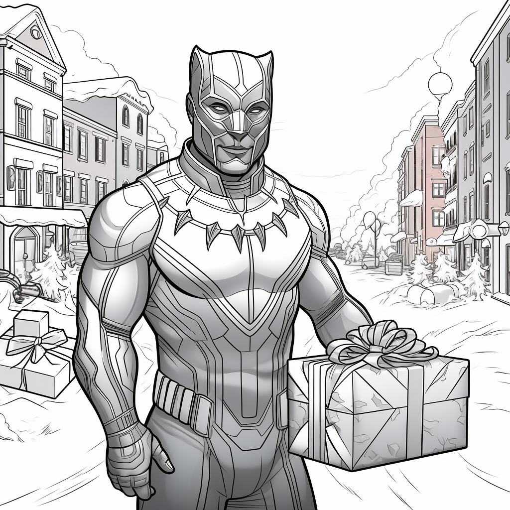 Black Panther wearing Christmas hat opening presents