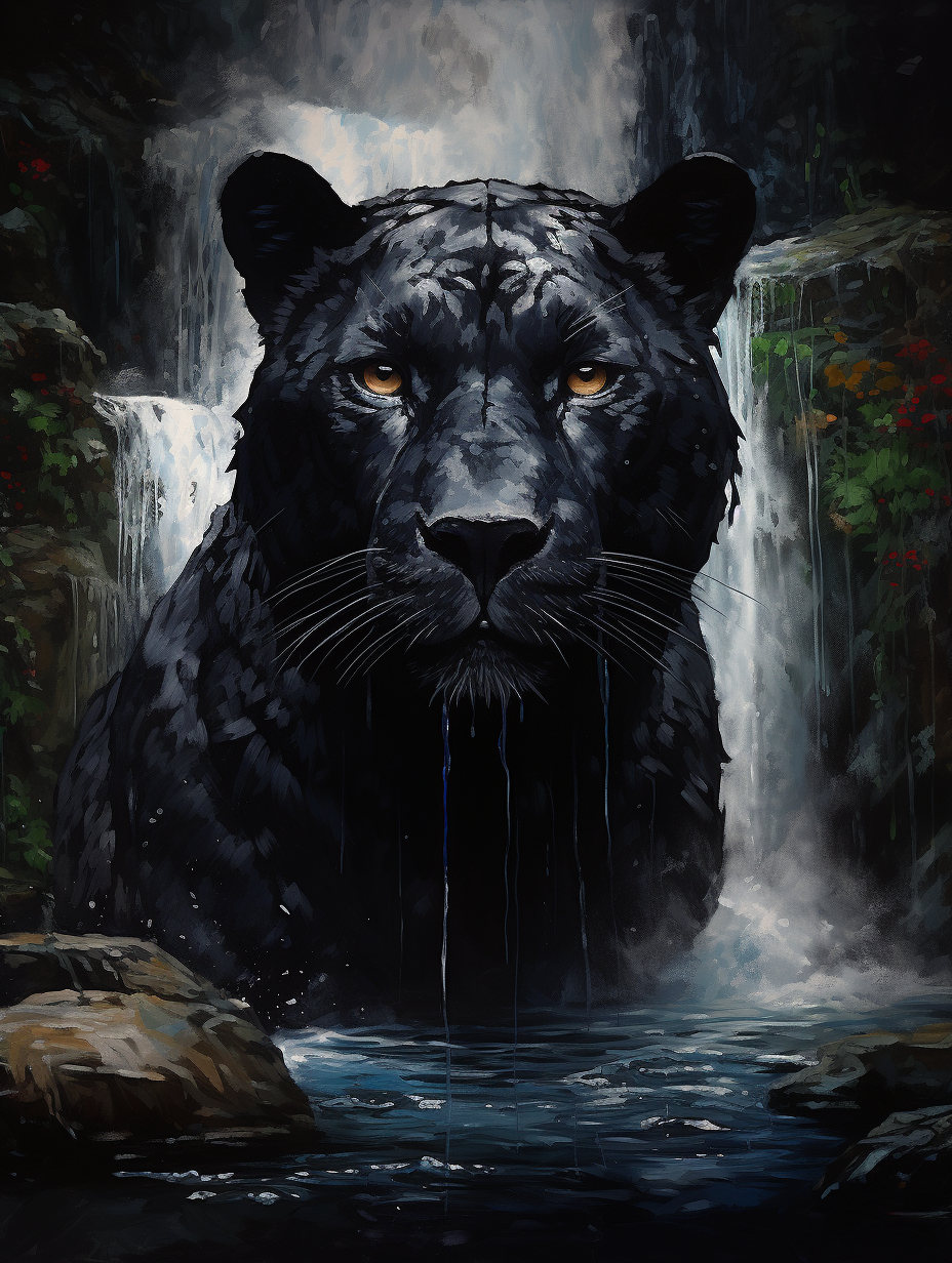 Beautiful black panther artwork under a waterfall