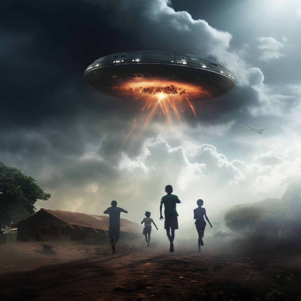 Black people fleeing from UFO-shaped smoke detector